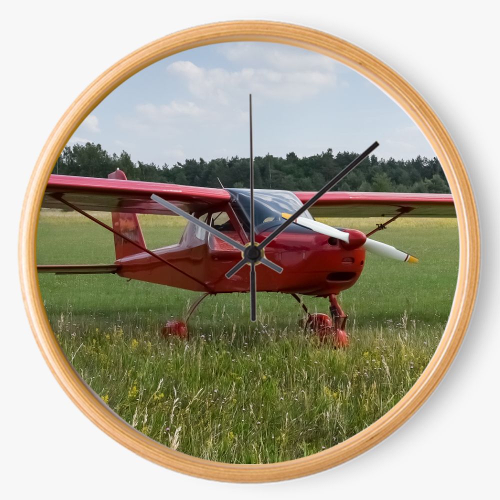 Red Plane On the Grass 10 inch wall clock