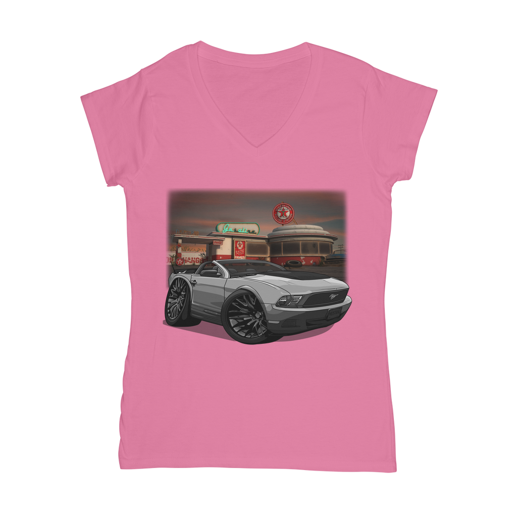 Convertible Mustang Gas Station 2 Classic Women's V-Neck T-Shirt