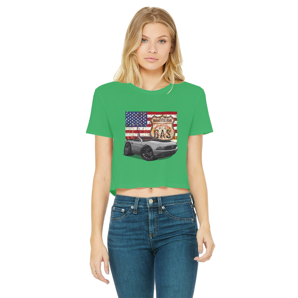 Convertible Mustang Route 66 Classic Women's Cropped Raw Edge T-Shirt