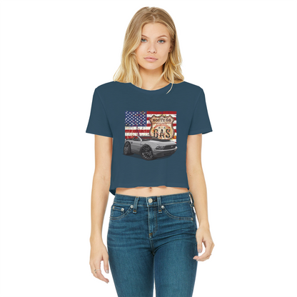 Convertible Mustang Route 66 Classic Women's Cropped Raw Edge T-Shirt