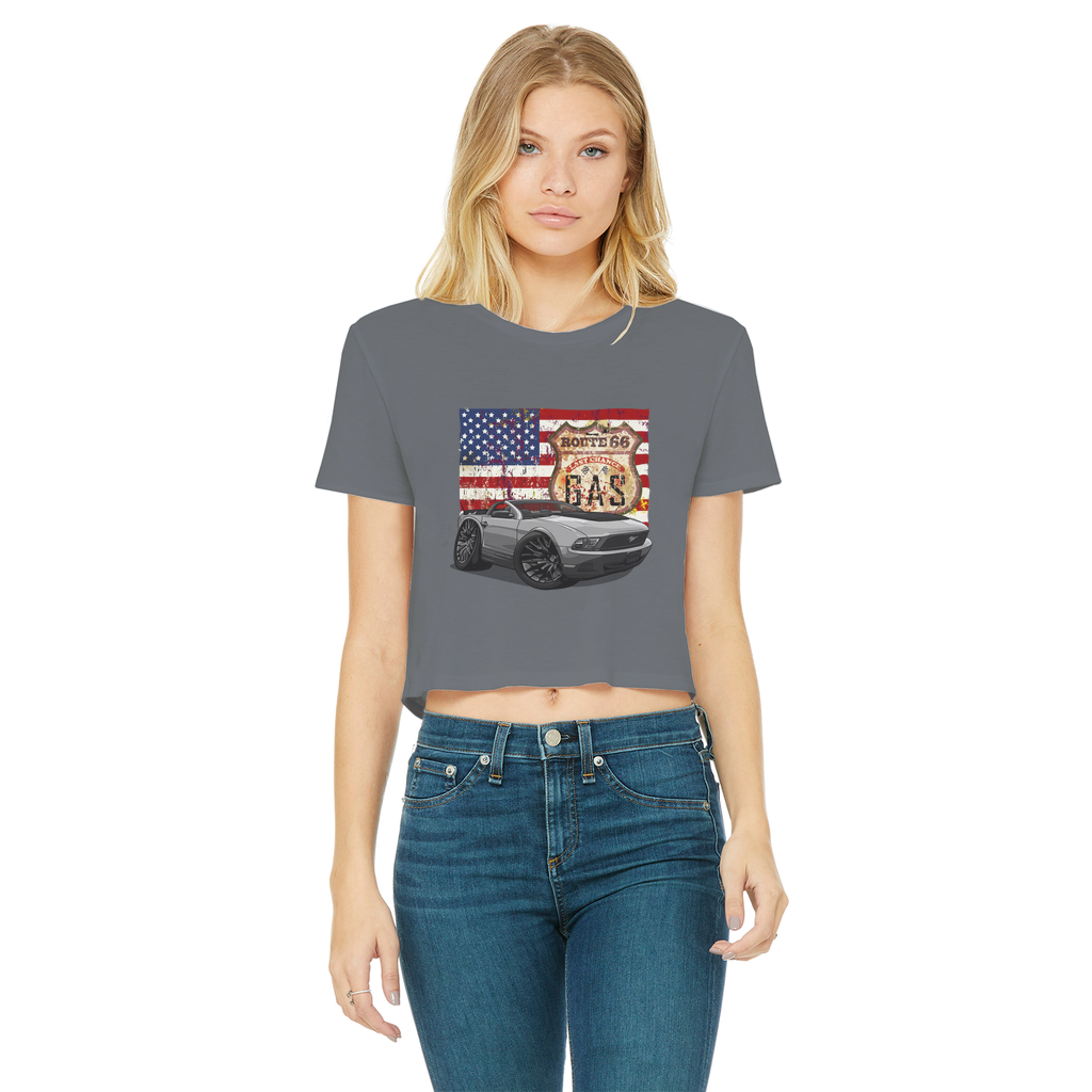 Convertible Mustang Route 66 Classic Women's Cropped Raw Edge T-Shirt