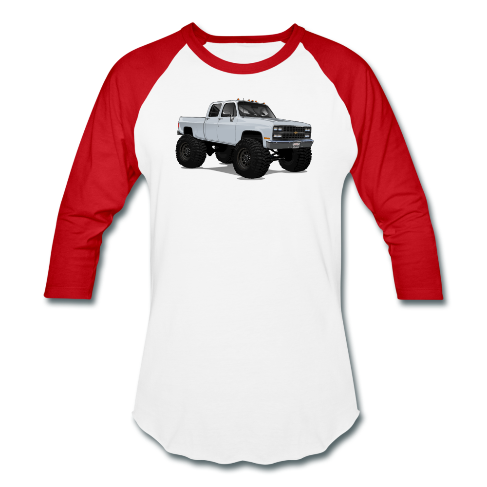 White Chevrolet 4x4 Crew Cab Pickup Truck Baseball T-Shirt - white/red