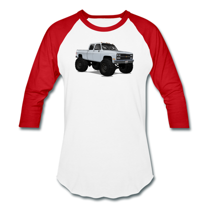 White Chevrolet 4x4 Crew Cab Pickup Truck Baseball T-Shirt - white/red