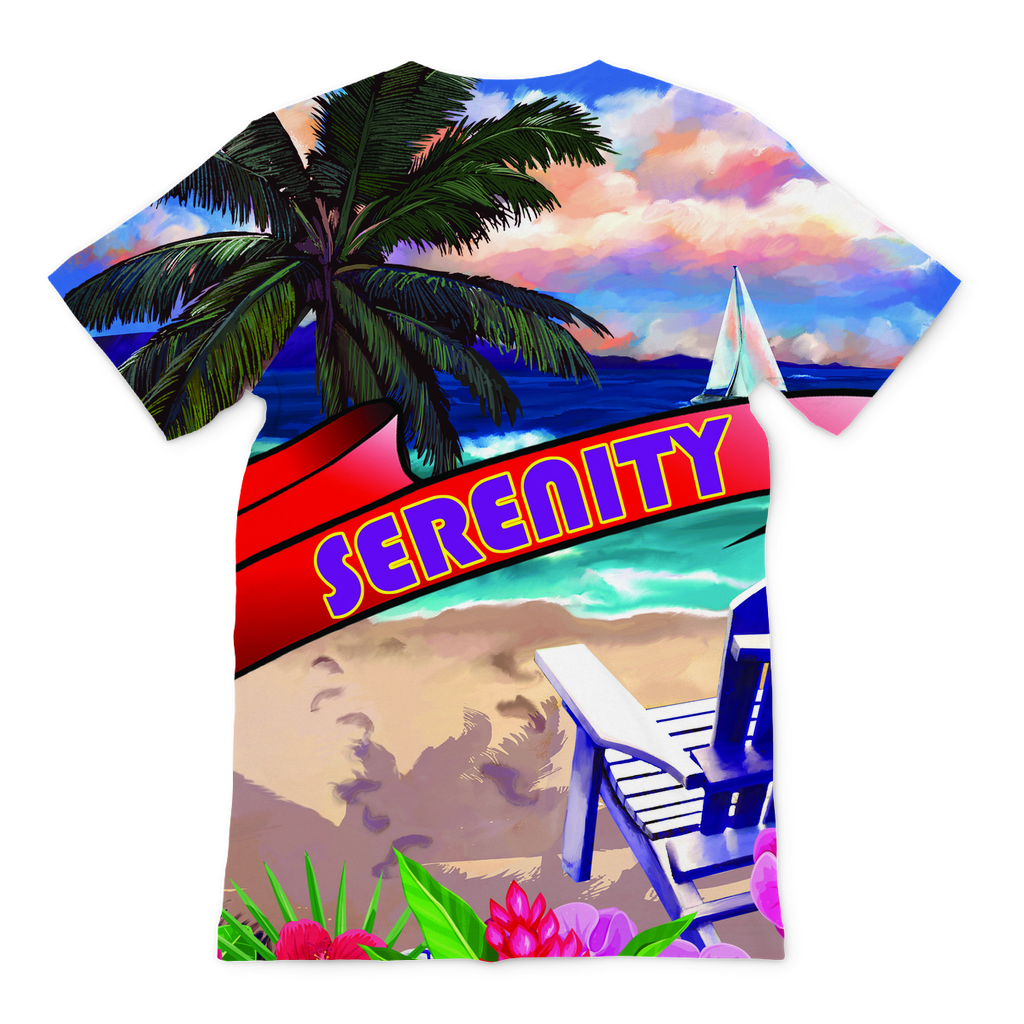 Serenity Beach Banner Design Premium Sublimation Adult T-Shirt