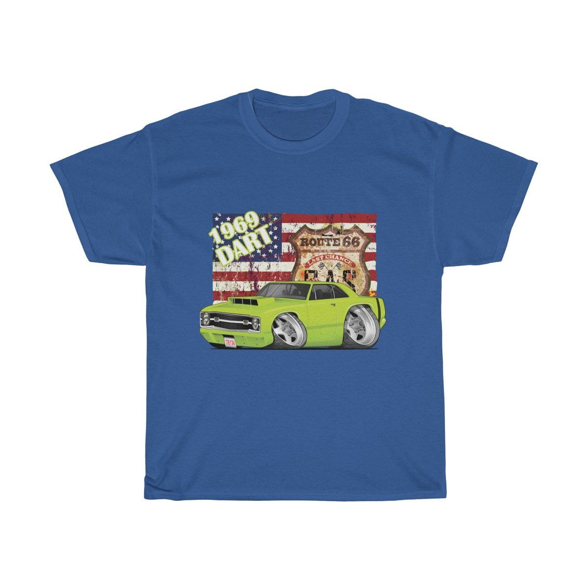 1969 Dart Car Art American Flag Route 66 Unisex Heavy Cotton Tee