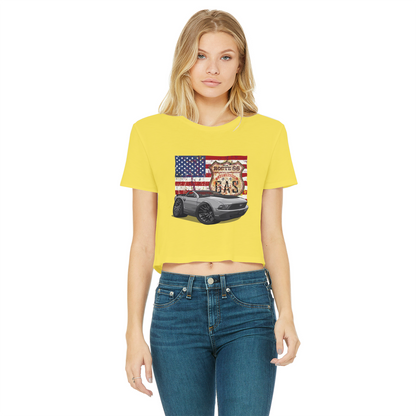 Convertible Mustang Route 66 Classic Women's Cropped Raw Edge T-Shirt