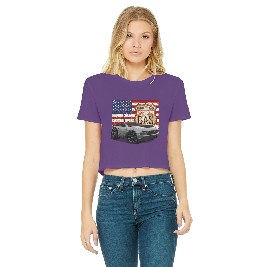 Convertible Mustang Route 66 Classic Women's Cropped Raw Edge T-Shirt