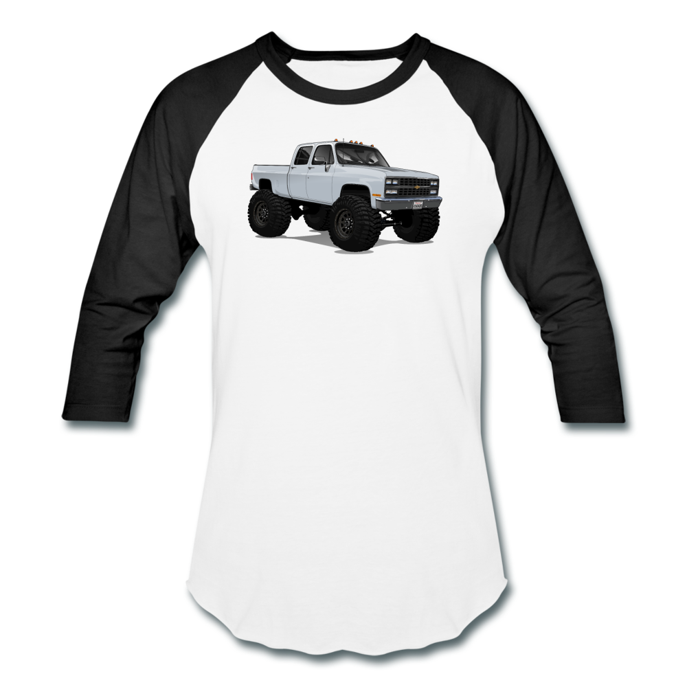 White Chevrolet 4x4 Crew Cab Pickup Truck Baseball T-Shirt - white/black