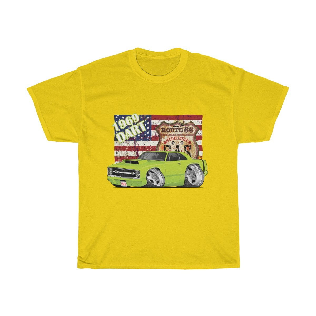 1969 Dart Car Art American Flag Route 66 Unisex Heavy Cotton Tee