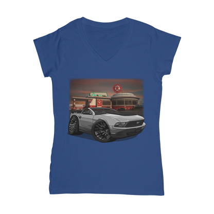 Convertible Mustang Gas Station 2 Classic Women's V-Neck T-Shirt