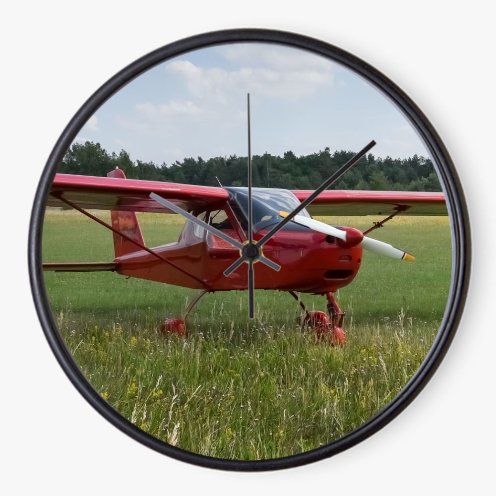 Red Plane On the Grass 10 inch wall clock