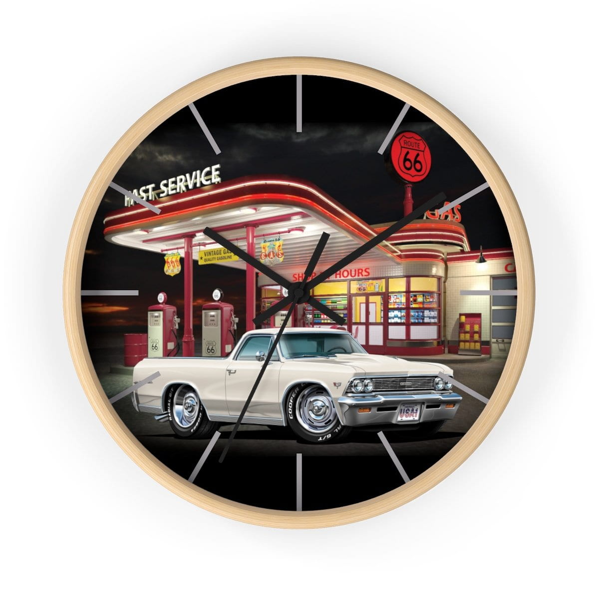 1966 El Camino Gas Station Route 66 Car Art Wall clock