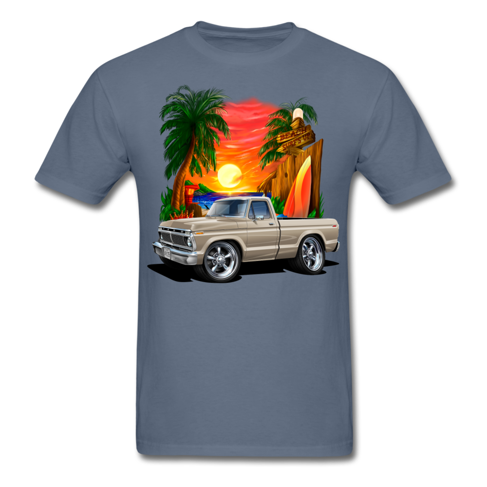 1974 Ford F100 Pickup Truck Beach Car Art Men's T-Shirt - denim