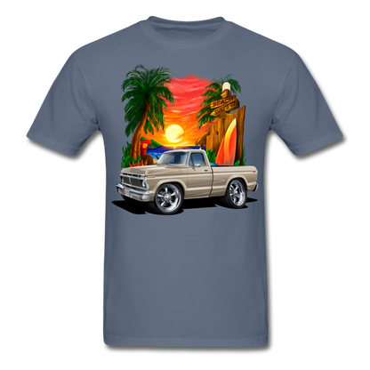1974 Ford F100 Pickup Truck Beach Car Art Men's T-Shirt - denim