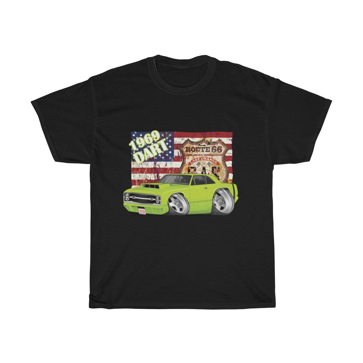 1969 Dart Car Art American Flag Route 66 Unisex Heavy Cotton Tee