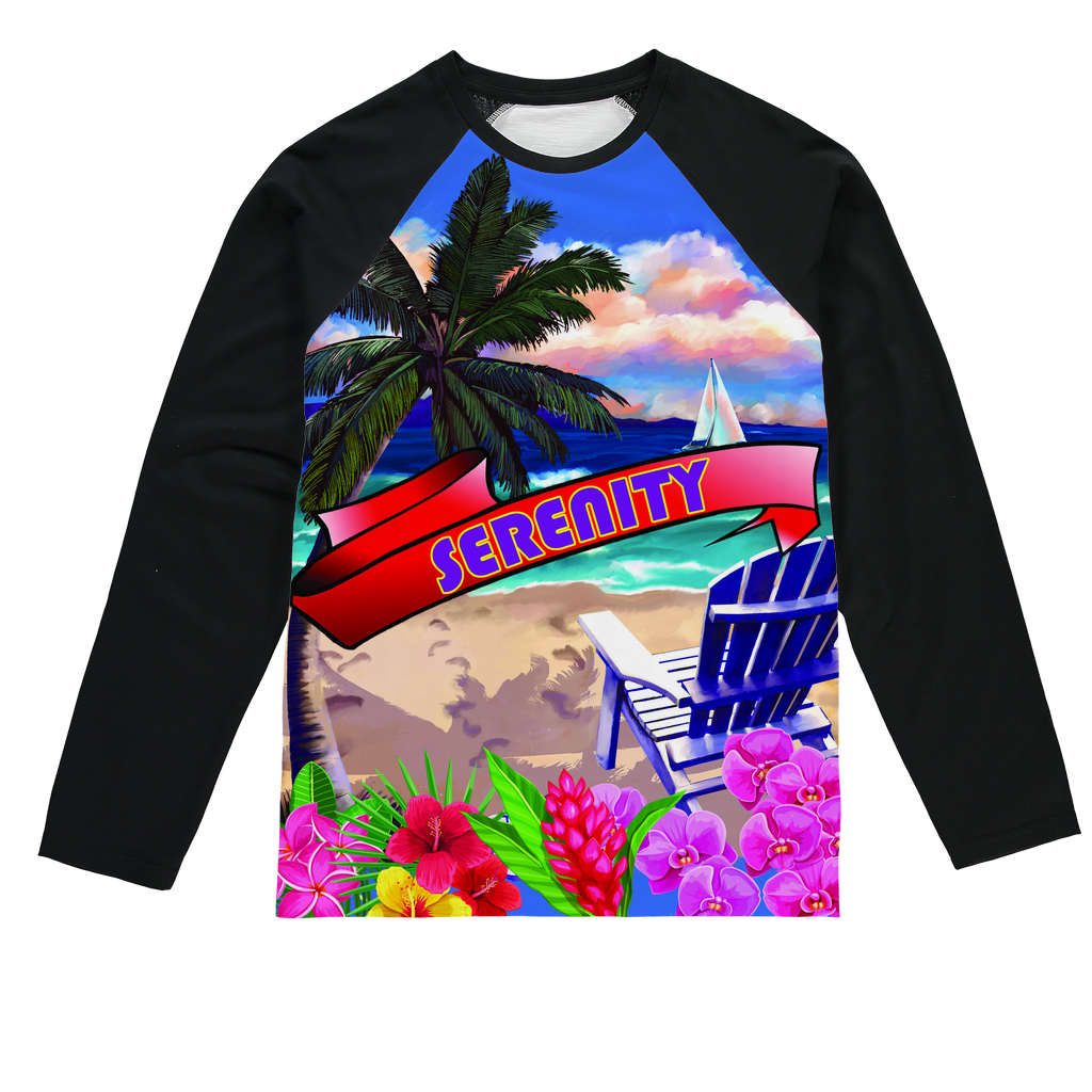 Serenity Beach Banner Design Sublimation Baseball Long Sleeve T-Shirt