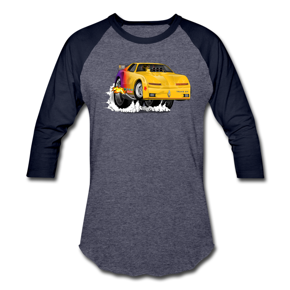 Yellow Firebird Trans Am Dragster Baseball T-Shirt - heather blue/navy