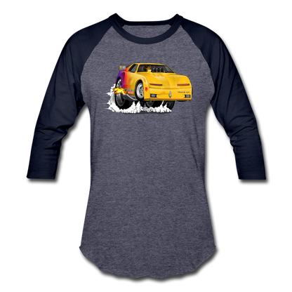 Yellow Firebird Trans Am Dragster Baseball T-Shirt - heather blue/navy