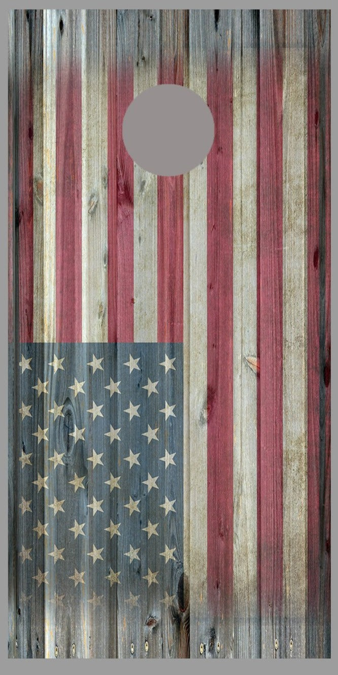 Aged American Flag corn hole Gray Wood Fade Top Bottom Decal