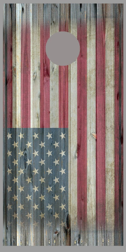 Aged American Flag corn hole Gray Wood Fade Top Bottom Decal