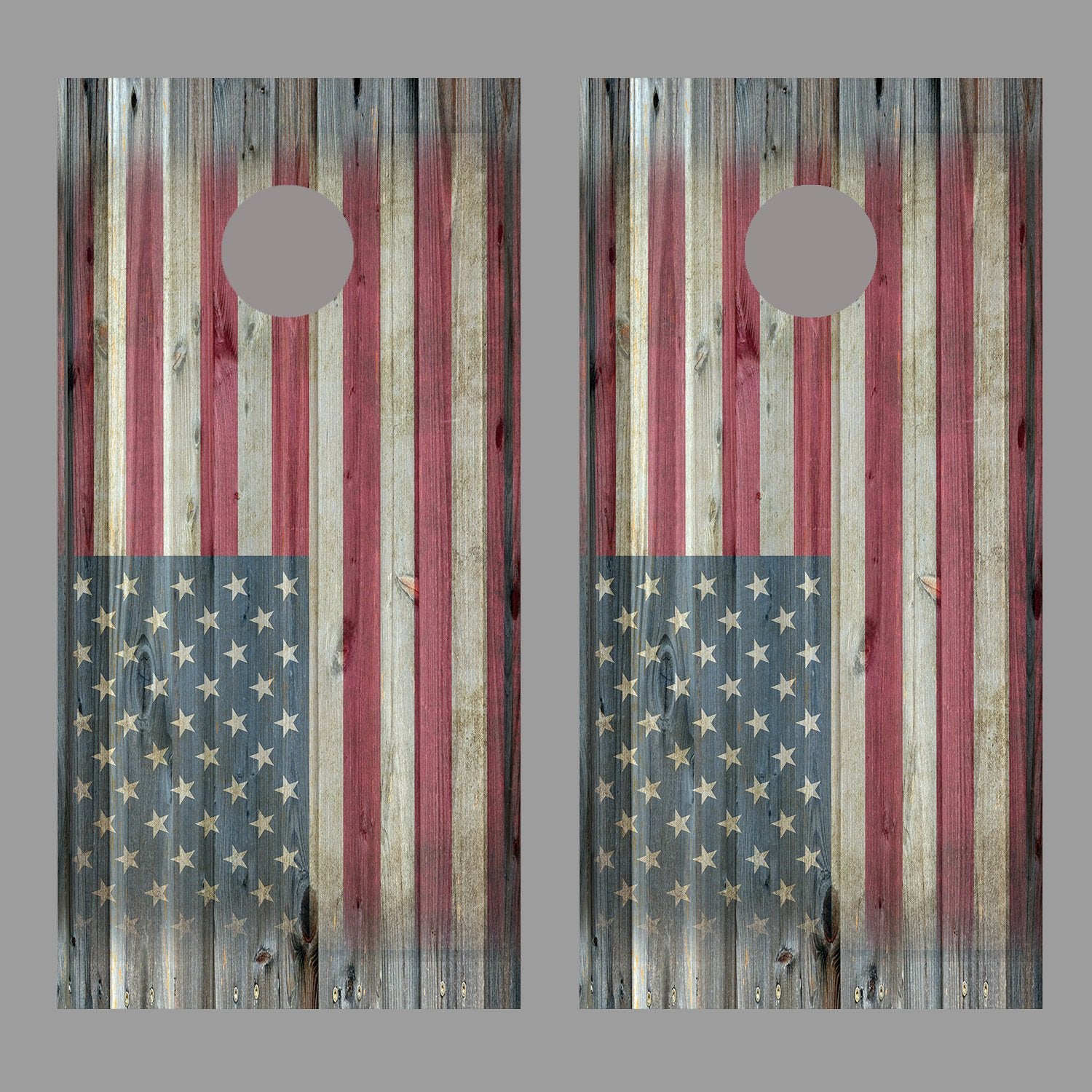 Aged American Flag corn hole Gray Wood Fade Top Bottom Decal