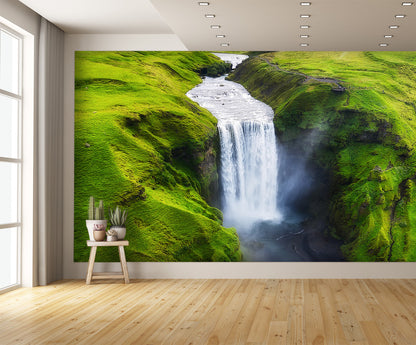 Aerial View Skogafoss Waterfall Iceland Wall Mural