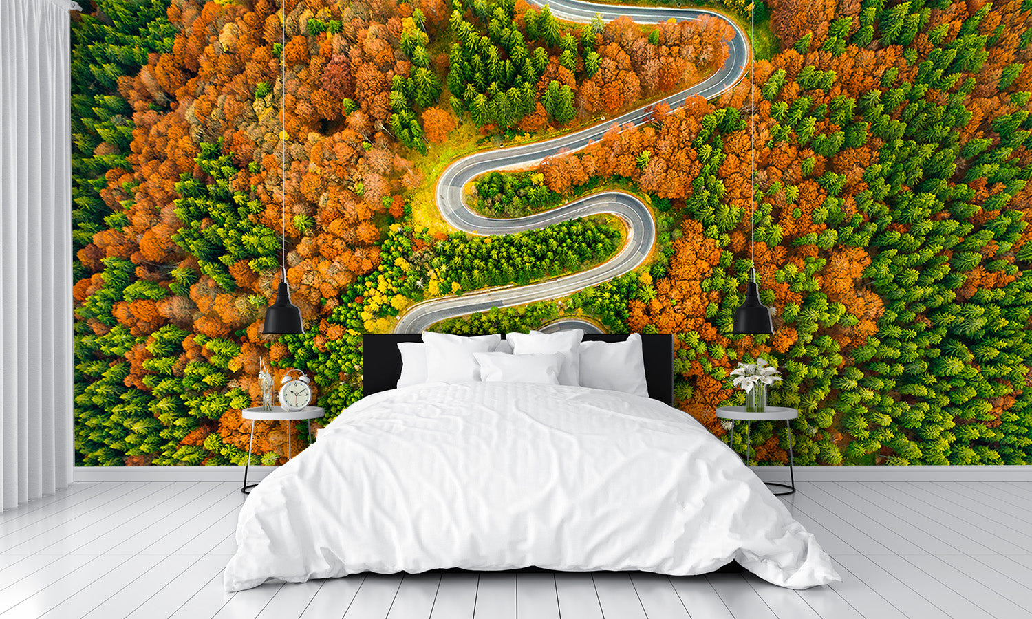 Aerial View Winding Road Autumn Colored Forest Wall Mural