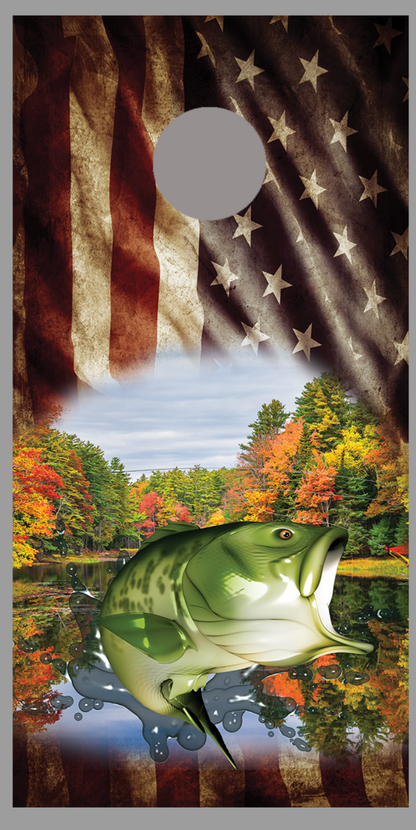 Aged Flag Bass Fish Jump Lake Design C Corn hole Board Decal Wraps