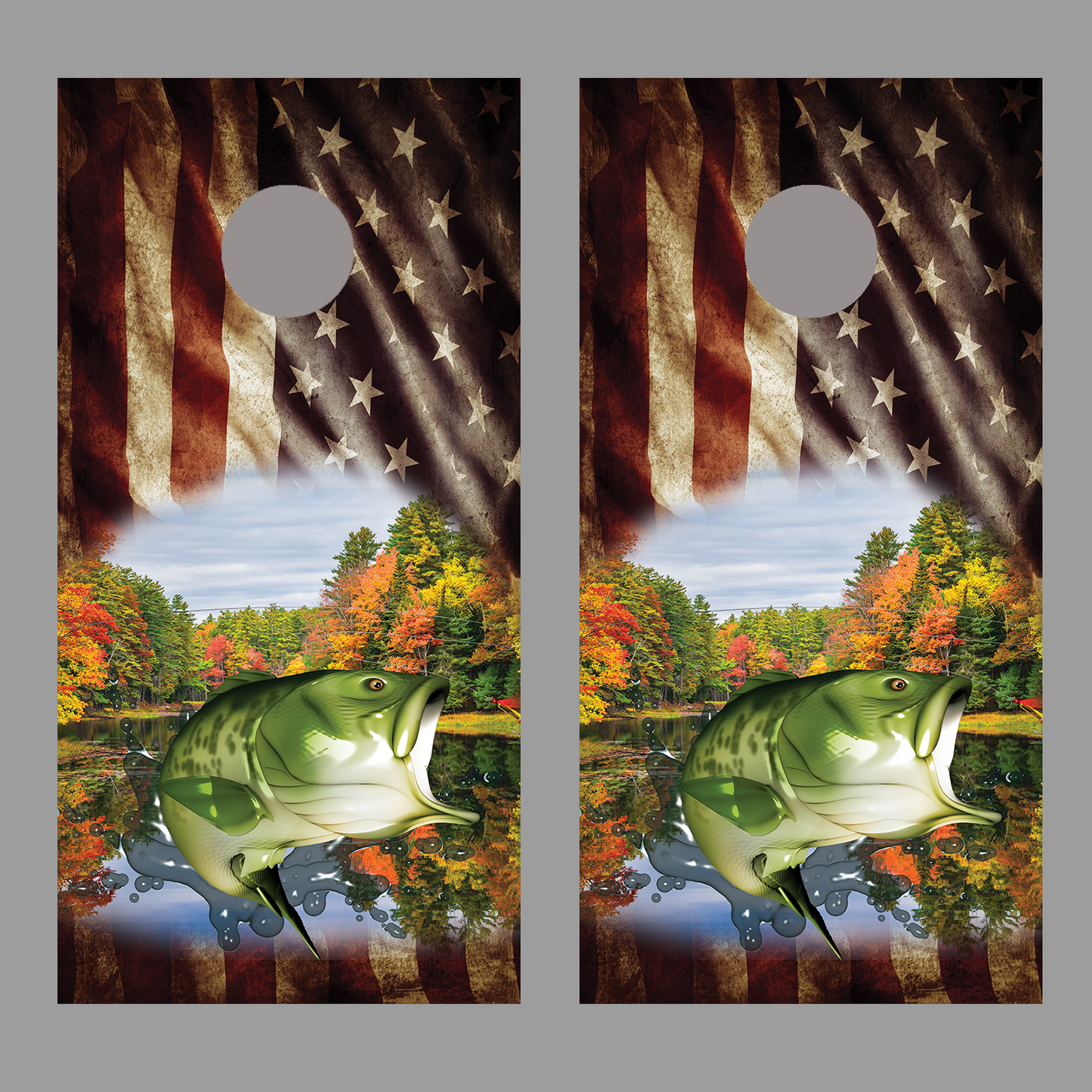 Aged Flag Bass Fish Jump Lake Design C Corn hole Board Decal Wraps