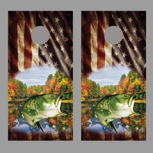 Aged Flag Bass Fish Jump Lake Design C Corn hole Board Decal Wraps