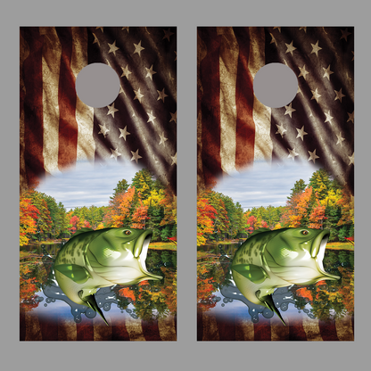 Aged Flag Bass Fish Jump Lake Design C Corn hole Board Decal Wraps