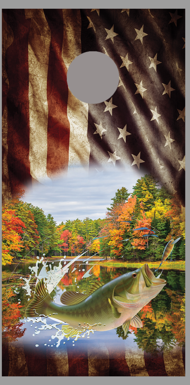 Aged Flag Bass Fish Jump Lake Design D Cornhole Wrap