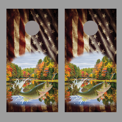 Aged Flag Bass Fish Jump Lake Design D Cornhole Wrap