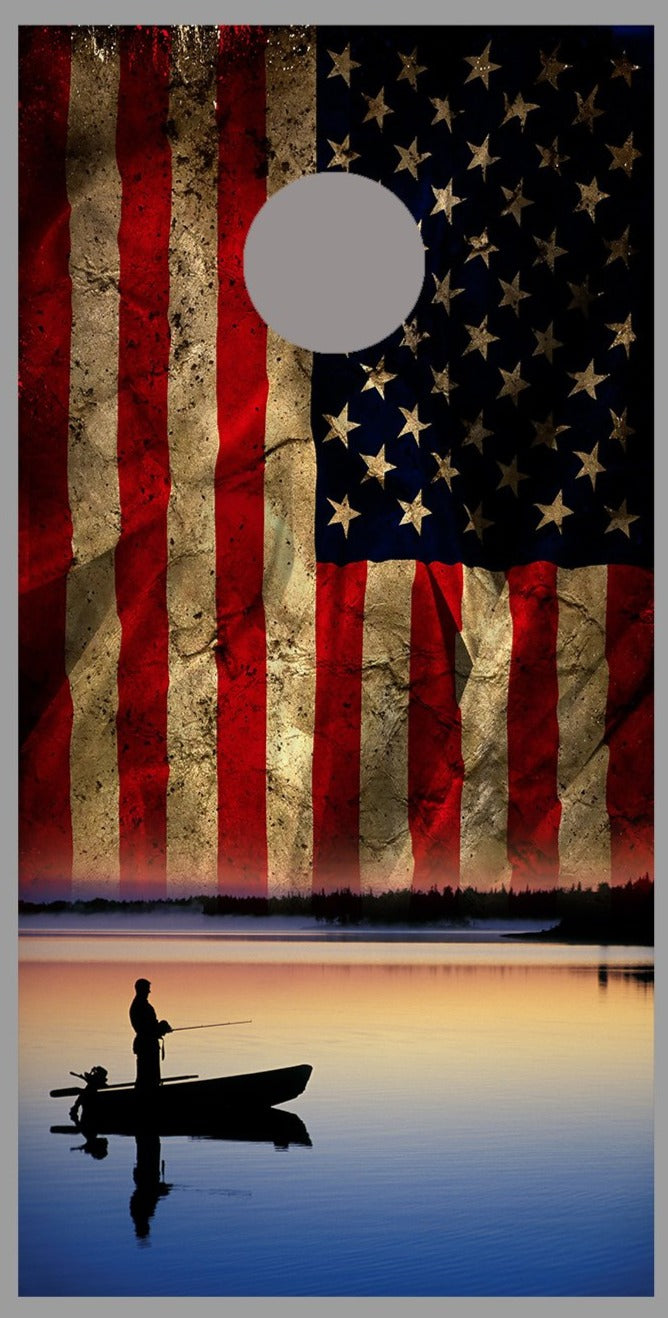 Aged American Flag Corn Hole Boat on lake Fishing Decal Wrap