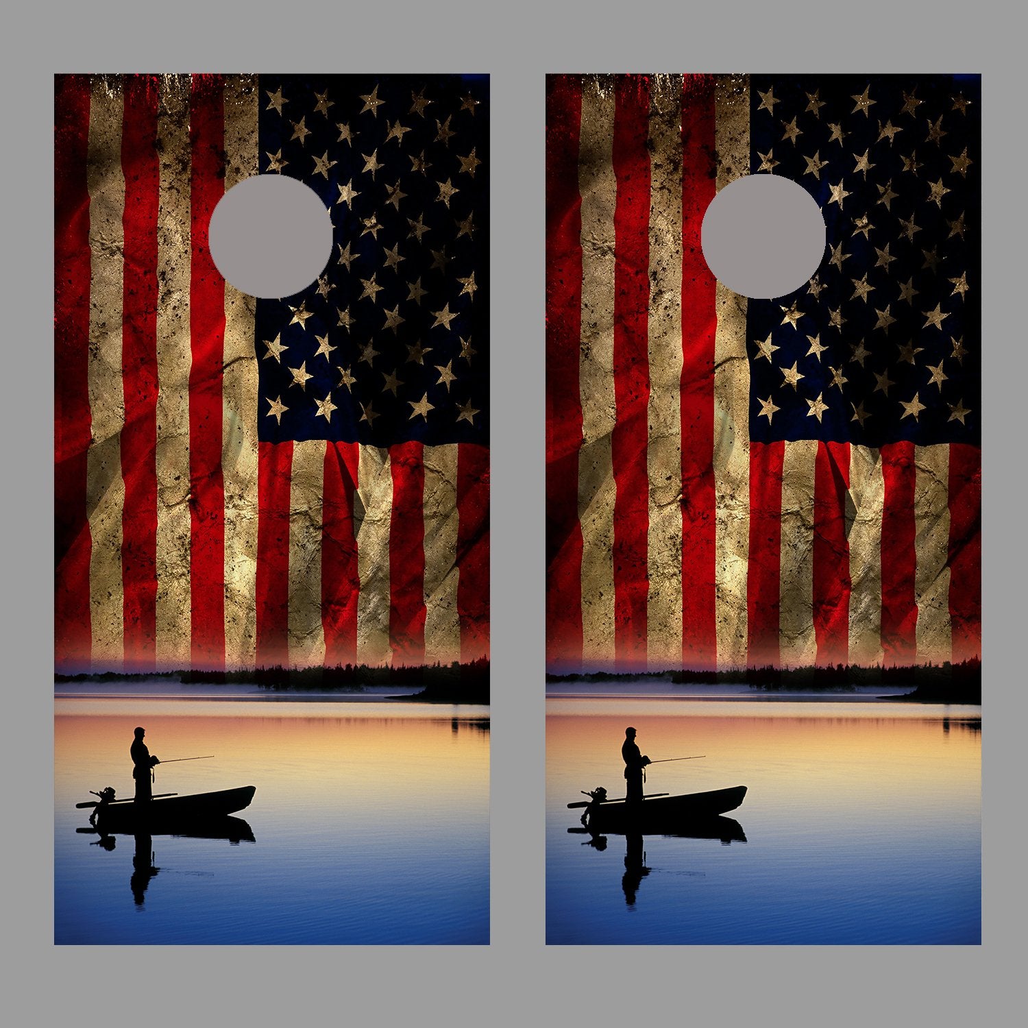 Aged American Flag Corn Hole Boat on lake Fishing Decal Wrap