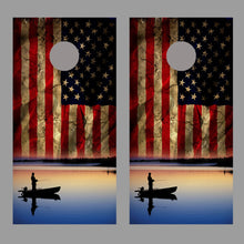 Aged American Flag Corn Hole Boat on lake Fishing Decal Wrap