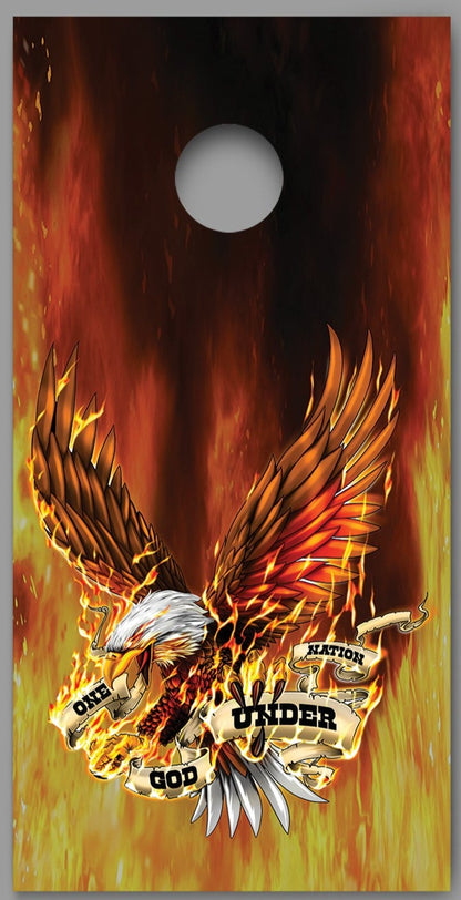 American Bald Eagle Fire Flames One Nation Under God Design Cornhole Board Decal Wraps