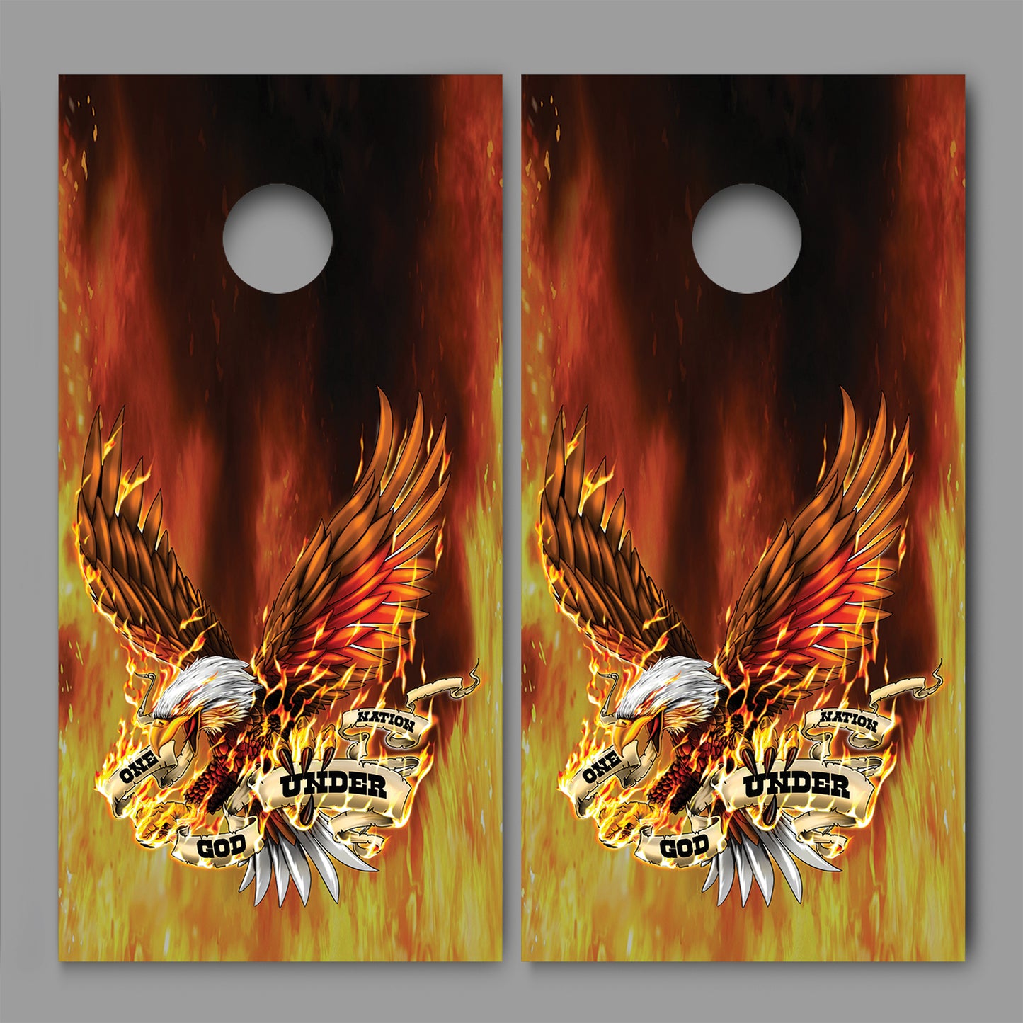 American Bald Eagle Fire Flames One Nation Under God Design Cornhole Board Decal Wraps