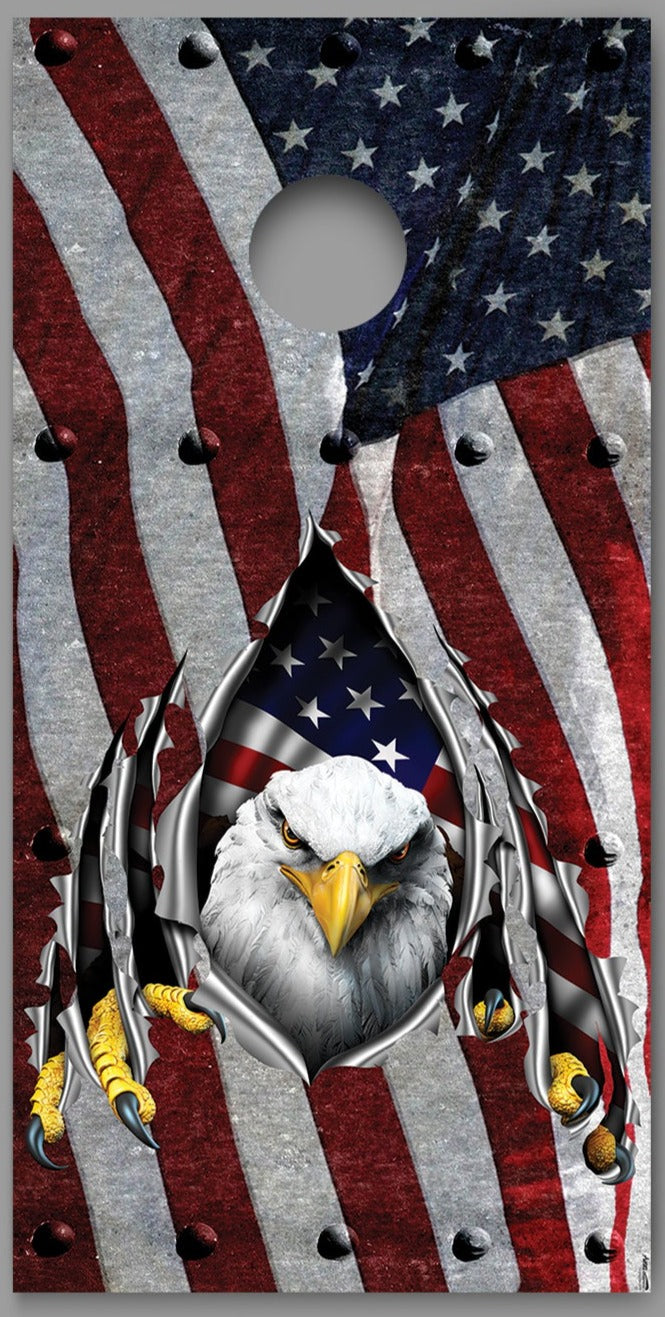 American Flag Bald Eagle Steel Rip Rivets Design Cornhole Board Decal Wraps