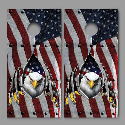 American Flag Bald Eagle Steel Rip Rivets Design Cornhole Board Decal Wraps