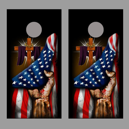 American Flag Cross Fist Cornhole Wrap Decal