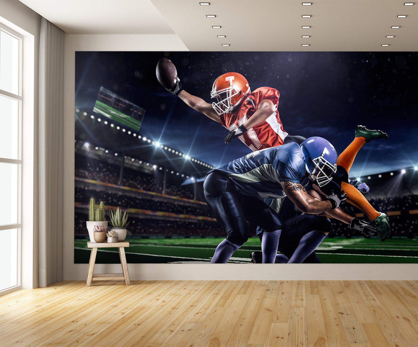 American Football Player in Action on Stadium Wall Mural