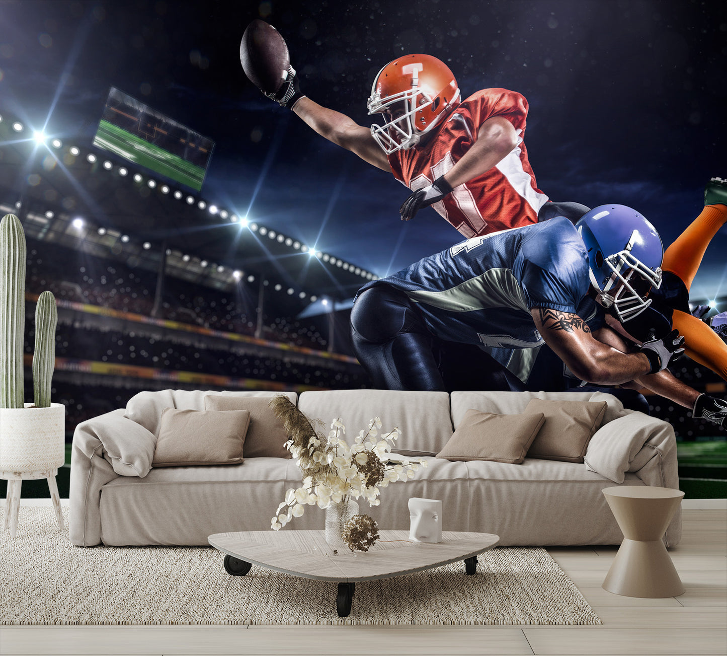 American Football Player in Action on Stadium Wall Mural