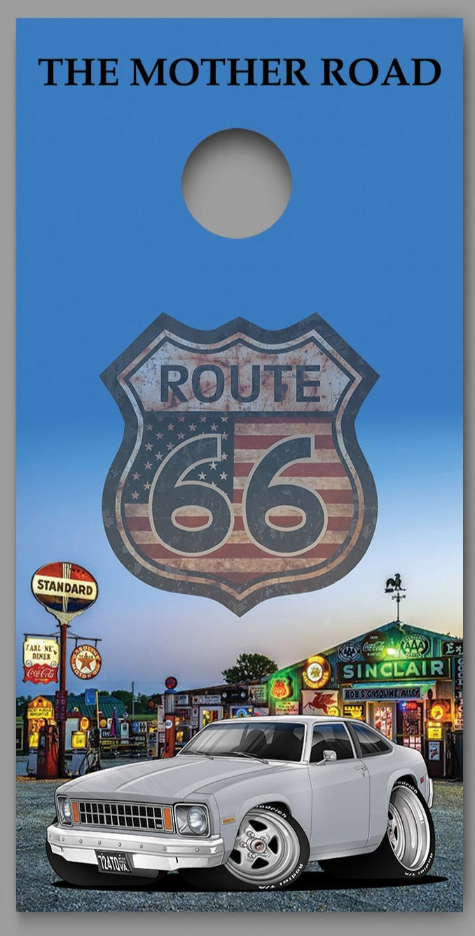 Route 66 Bob's Gasoline Alley 1976 Chevy Nova Cornhole Board Decal Wrap