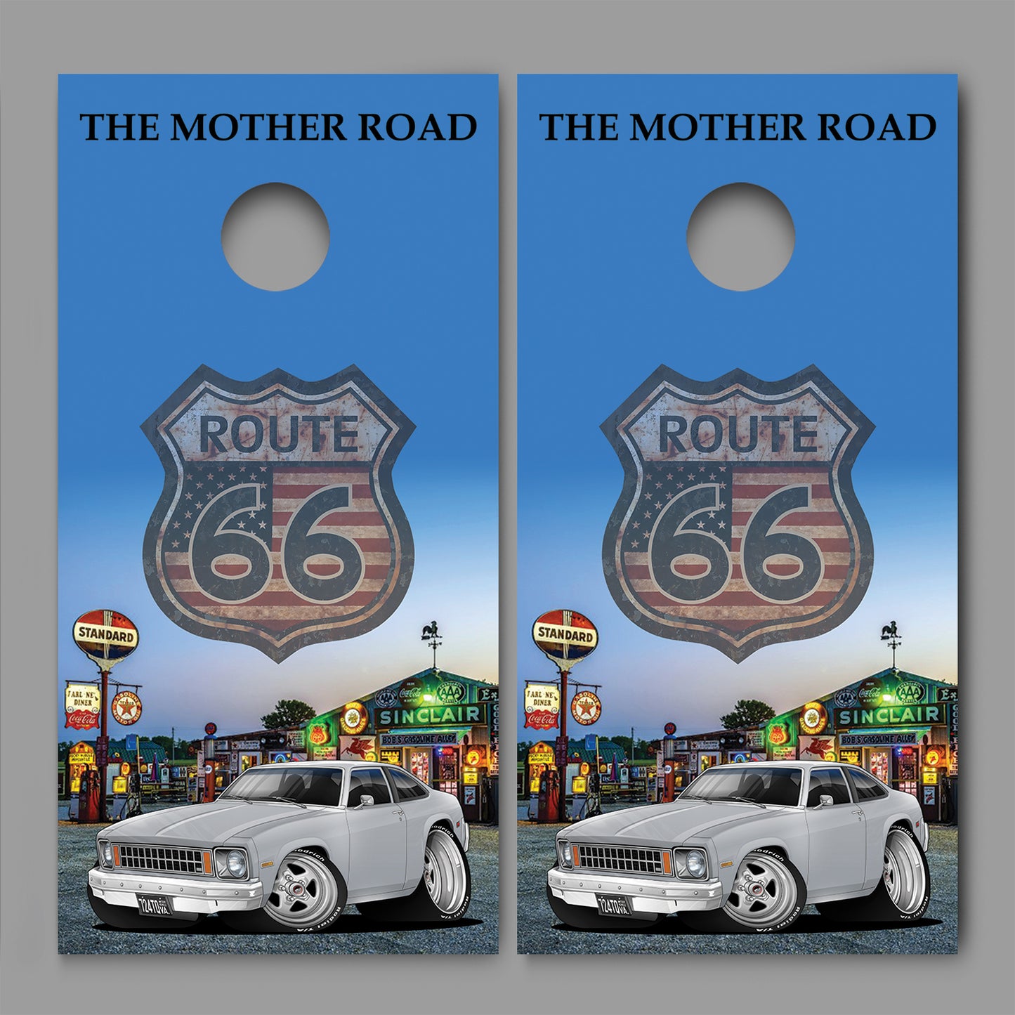 Route 66 Bob's Gasoline Alley 1976 Chevy Nova Cornhole Board Decal Wrap