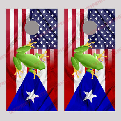 American Puerto Rico Flag With Frog Blend Corn Hole Board Decal Wrap
