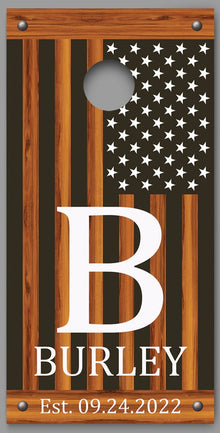 Custom Name Initial Date on Burnt Wood American Flag White Stars Cornhole Board Decal Wraps