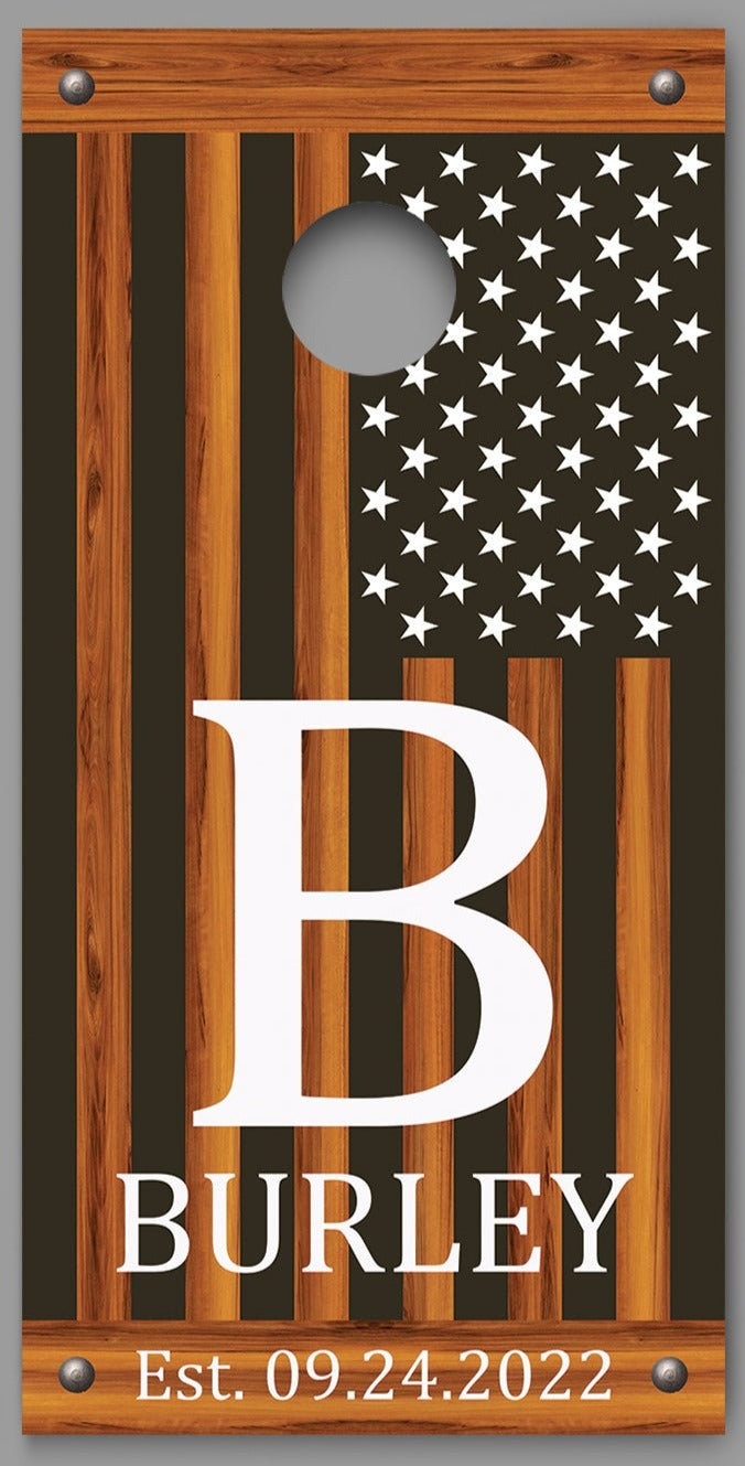Custom Name Initial Date on Burnt Wood American Flag White Stars Cornhole Board Decal Wraps