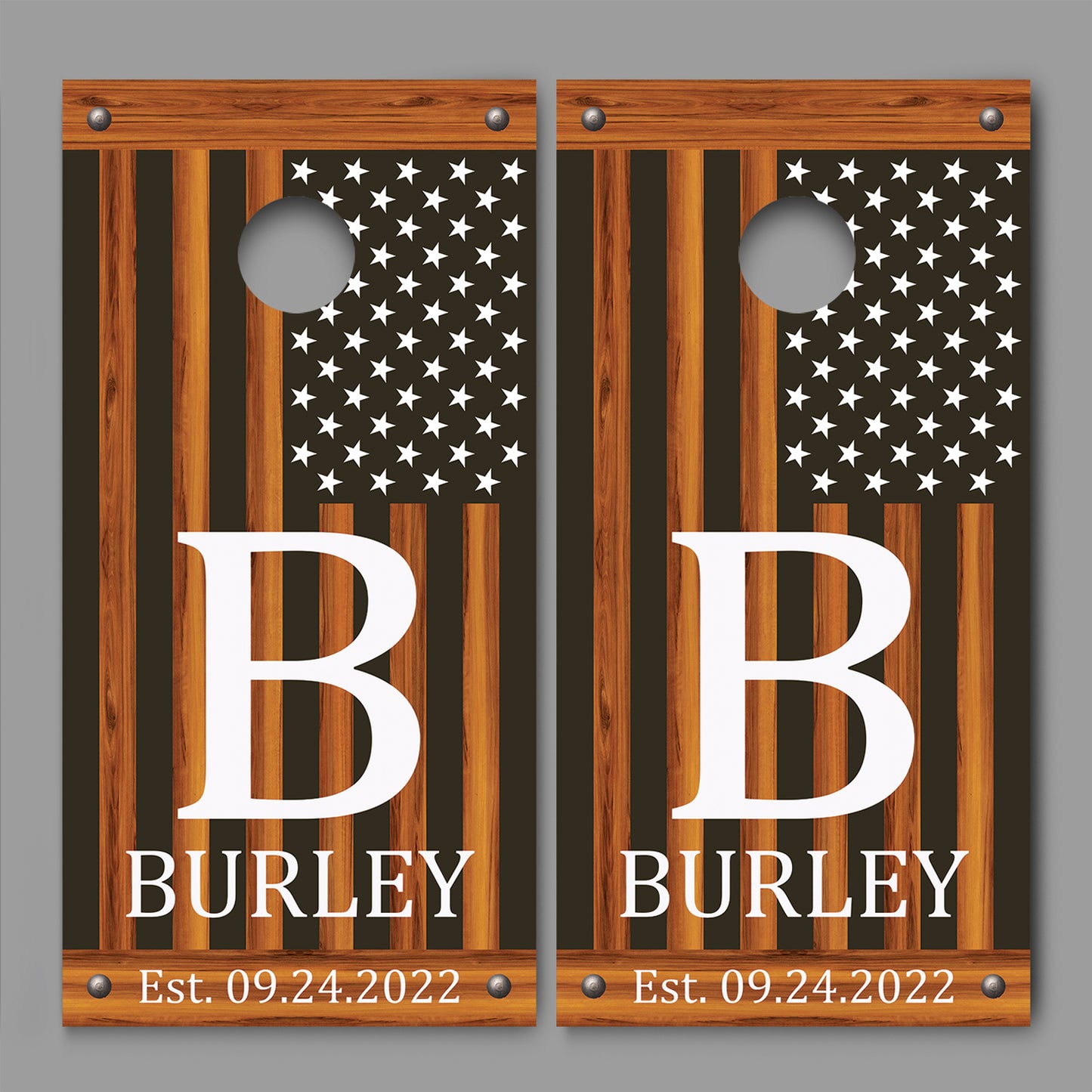 Custom Name Initial Date on Burnt Wood American Flag White Stars Cornhole Board Decal Wraps