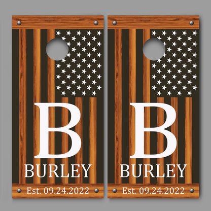 Custom Name Initial Date on Burnt Wood American Flag White Stars Cornhole Board Decal Wraps